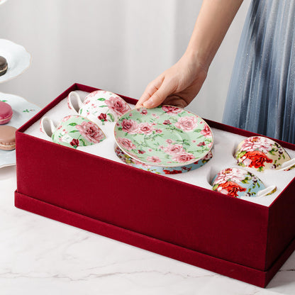 BTaT- Floral Tea Cups and Saucers Set of 4 (8 oz), Porcelain Tea Cup Sets with Gold Trim & Gift Box, Dishwasher & Freezer Safe, Mothers Day Gift