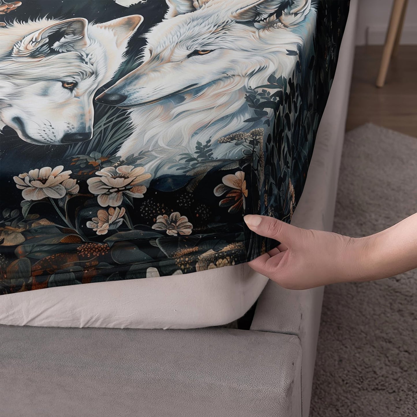 White Wolf Bedding Set Queen Size，Boho Animals Wolf 3D Pattern Bed Sheet Set 16" Deep Pocket, Wolf bedding set for Boys Kids and Adults，Wolf Theme Bed Sheet Set 4 PCS(Fitted + Flat + 2 Pillowcases)