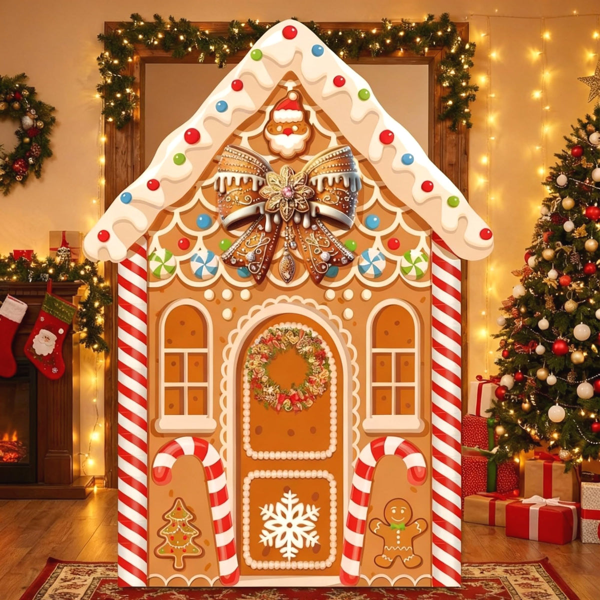 Panelee Large Christmas Gingerbread House Decorations, Gingerbread House Backdrop Photo Prop, 8 x 6 ft Fabric Xmas Candy Backdrop Decor for Holiday Party Decor