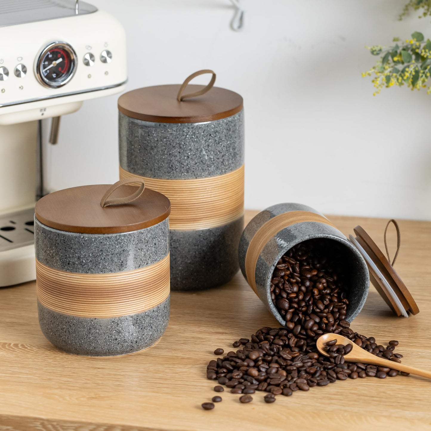 Miamolo Spice Jars with Airtight Lid, Coffee Container Canister Kitchen Food Storage Jars for Spice Sugar Tea Bag, Stackable Decorative Jars for Countertop, Grey & 37 fl.oz