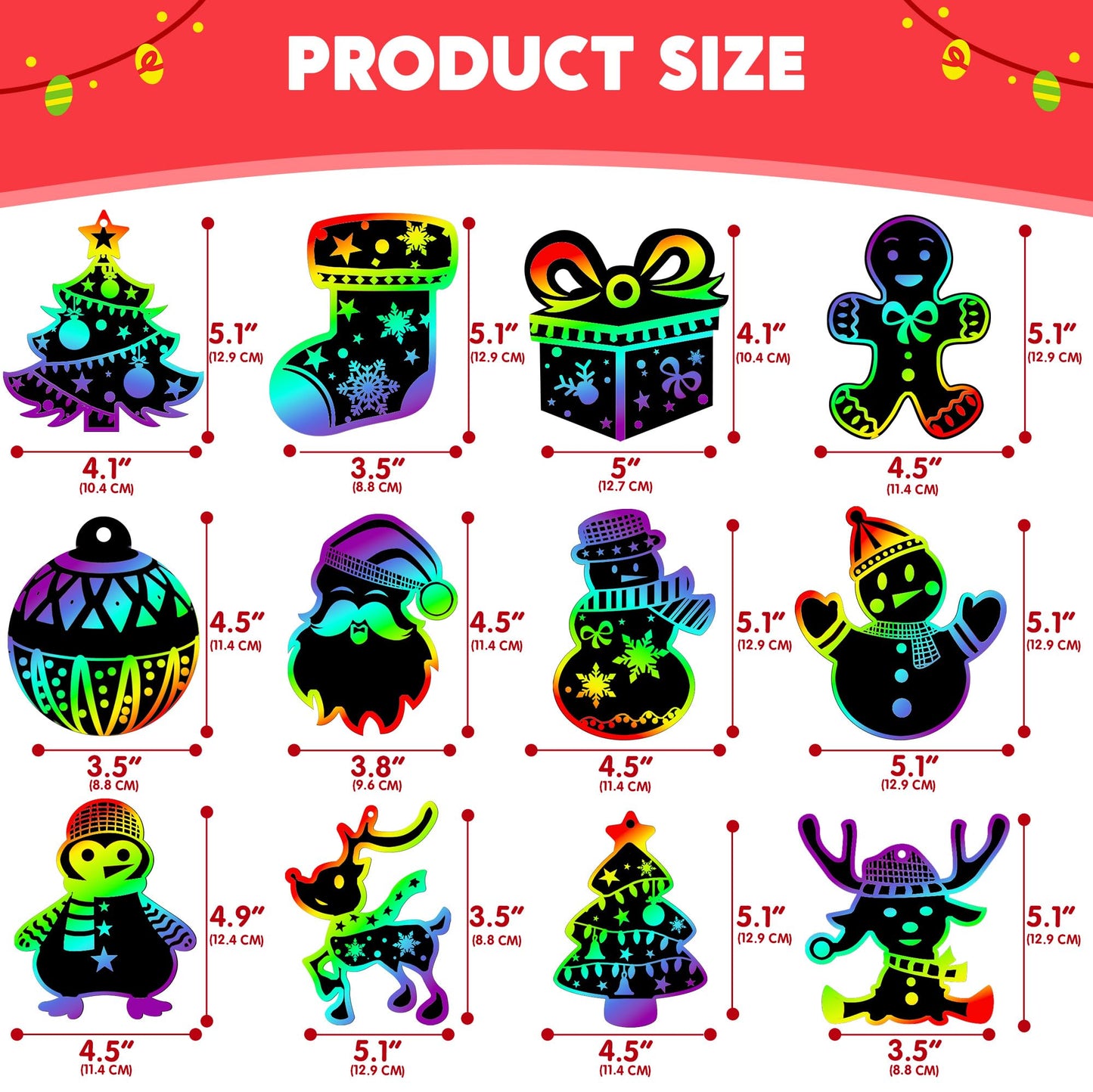JOYIN 48 Pcs Christmas Scratch Art Ornaments, Rainbow Color Scratch Paper in Front Side & Coloring Card in Back Side, Scratch Off Kids Party Favors Supplies, Holiday DIY Art Craft Kit Activities Gifts