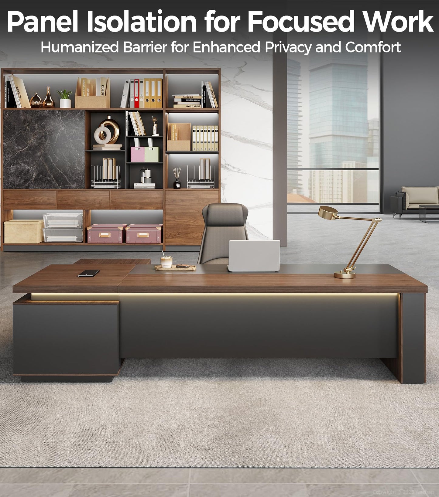 Anzhap 63" Reversible L-Shaped Executive Desk with Drawers – Compact Office Computer Desk with Open Shelves, LED Lighting, Built-in Outlet & USB Ports for Home, Office, School (63" W x 63" D x 30" H)