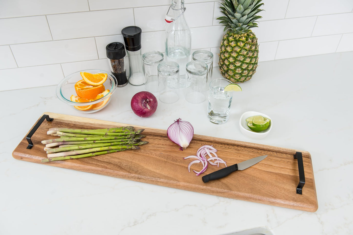 Lipper International 2031 Acacia Wood Serve Board with Black Handles for Cheese, Crackers, and Charcuterie, Rectangular 30" x 7" x 1"