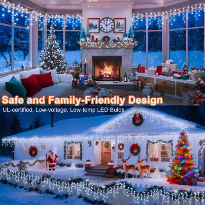 KNONEW Christmas Lights Outdoor Decorations 400 LED 33ft 8 Modes Curtain Fairy String Light with 75 Drops, Clear Wire LED String Light Decor for Wedding Party Holiday Christmas Decorations(Cool White)