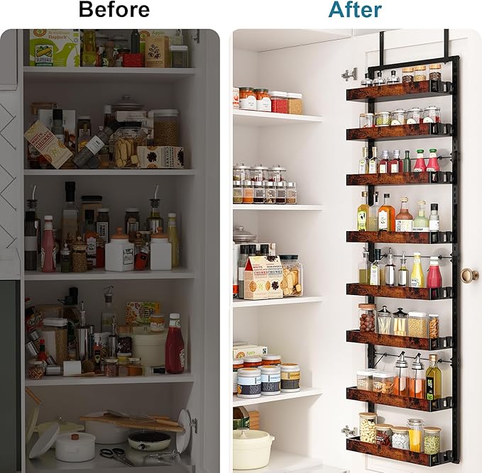 bukfen Over the Door Pantry Organizer, 8-Tier Adjustable Wooden Basket Kitchen