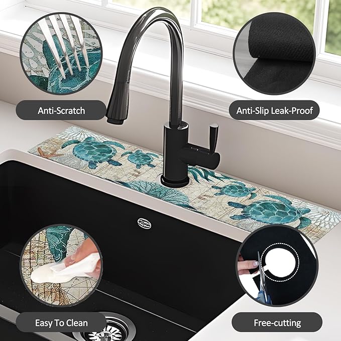 24" X 5.5" Kitchen Sink Splash Guard Faucet Mat Sea Turtles Super Absorbent
