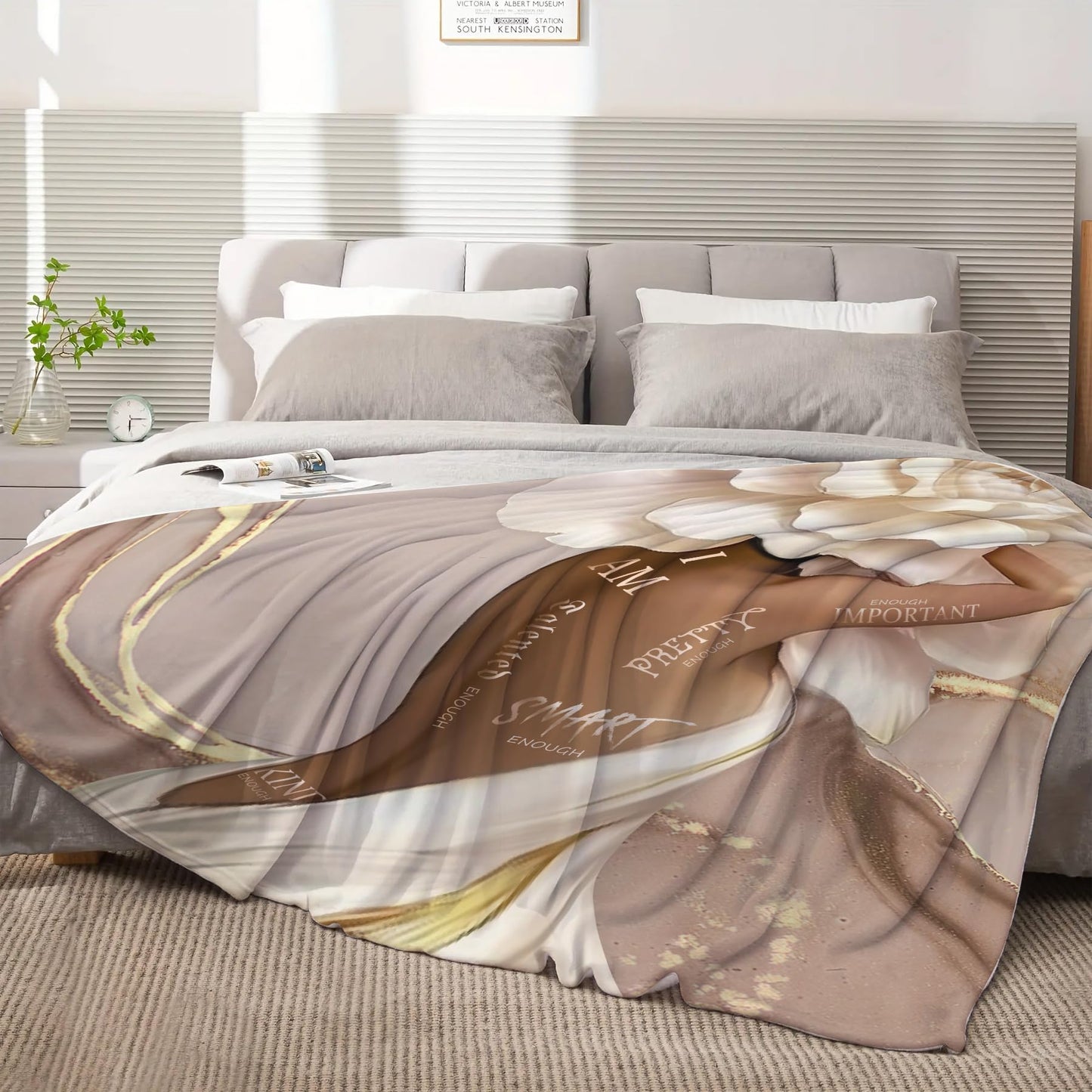 Yookeb African American Flower Throw Blanket Black Girl Woman Sexy Marble Inspirational Motivational Positive Soft Warm Gift Flannel Blanket for Couch Sofa Chair Bed or Dorm, 50 x 60 Inch