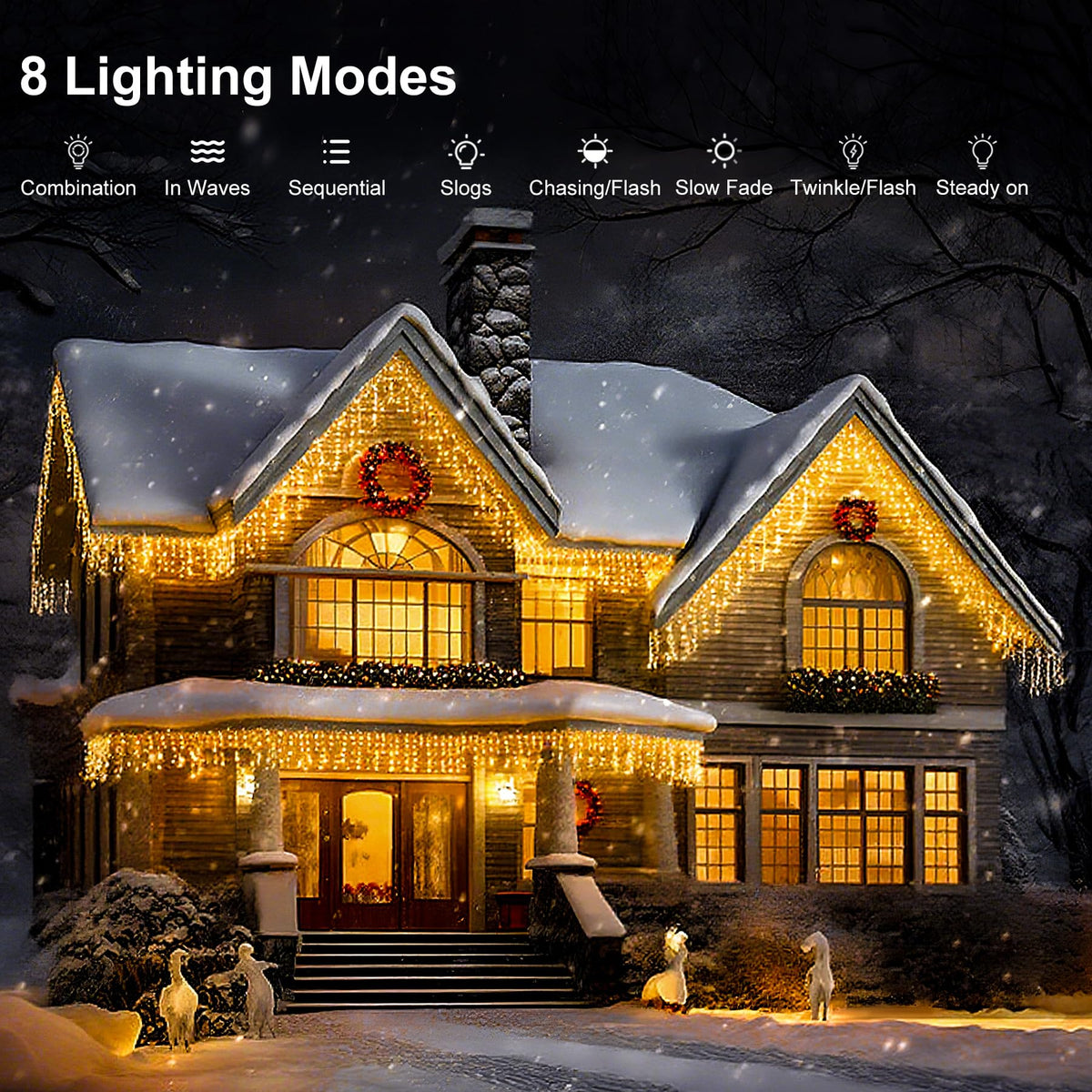 LED Icicle Lights for Outdoor Christmas Decorations,39.4Ft 400 LEDs Christmas Fairy Light with Timer&Memory Function,8 Lighting Modes,Plug in hanging Curtain Lights for Xmas Party Wedding(Warm White)