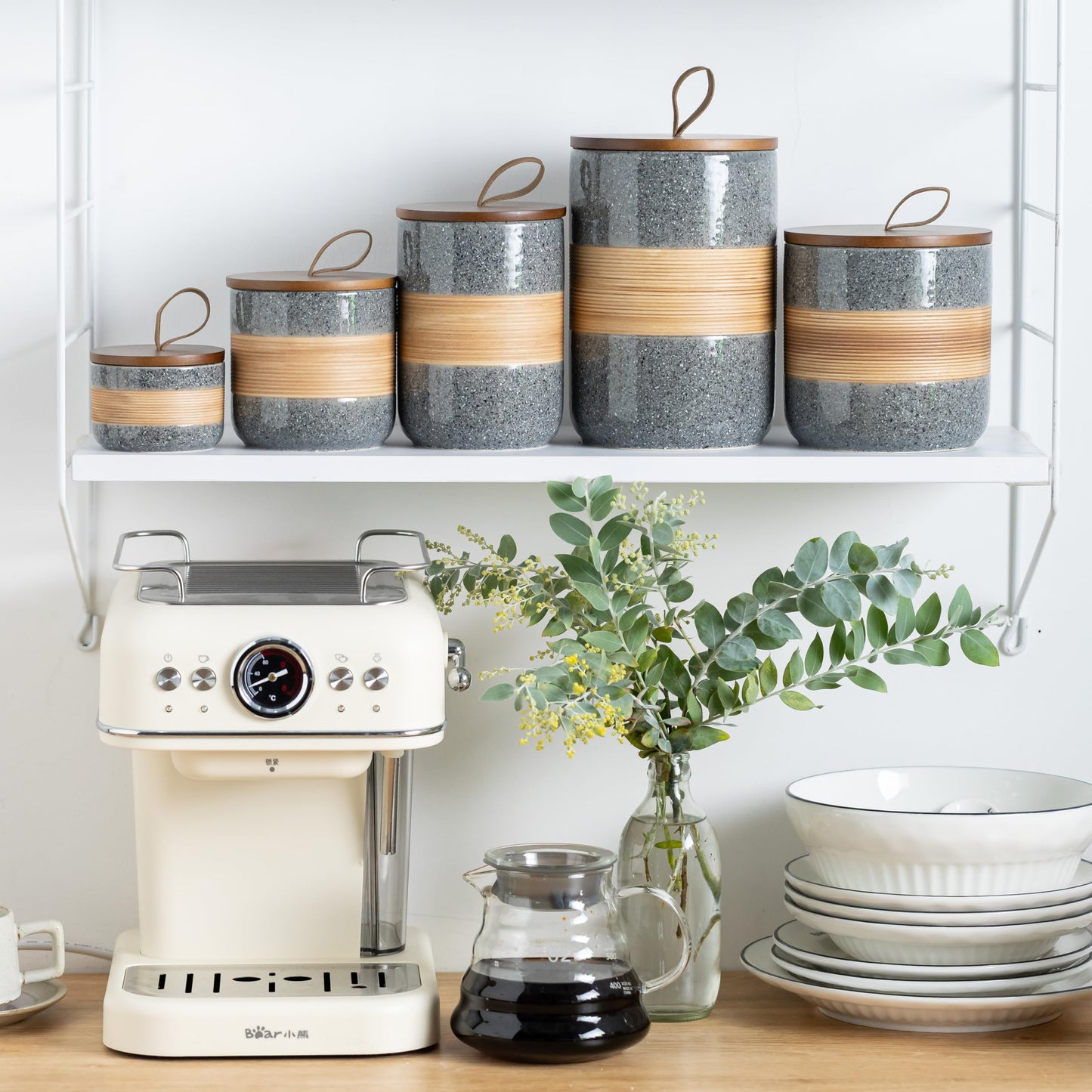 Miamolo Spice Jars with Airtight Lid, Coffee Container Canister Kitchen Food Storage Jars for Spice Sugar Tea Bag, Stackable Decorative Jars for Countertop, Grey & 37 fl.oz