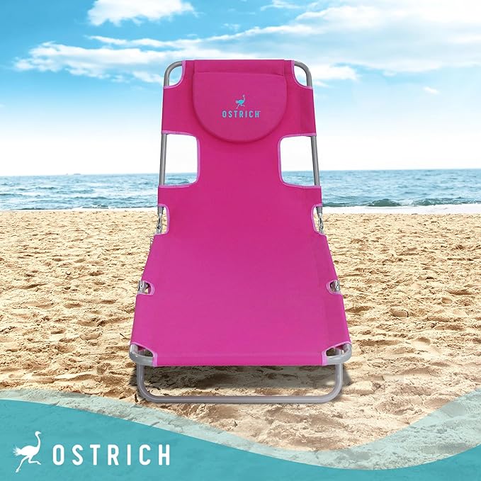 Ostrich Beach Lounge Chair, Folding & Reclining Outdoor Chaise Lounger, Pink - Portable Adjustable Recliner Chair for Lawn, Pool, Patio, Garden, and Yard