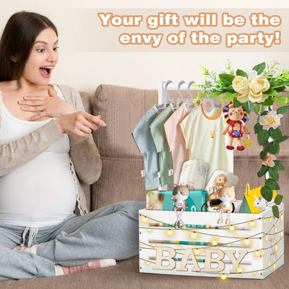 Wooden Baby Shower Crate Closet, Large Baby Toy Storage Basket with Handle, 30"x16"x11" for Newborn Boys Girls Pregnancy New Parents Gifts - White Color