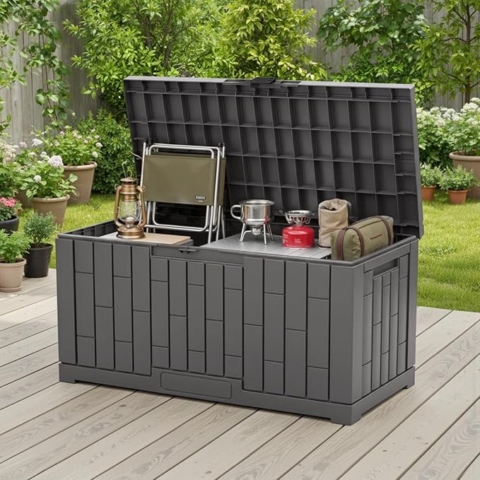 NEWBULIG 60 Gallon Deck Box, Waterproof Outdoor Storage Box with Lockable Lid, Patio Furniture Bench & Side Table, Outside Storage Container, Tool-Free Assembly, for Garden, Pool, Grey