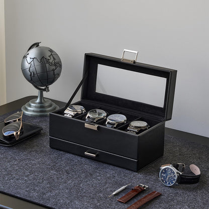 ProCase Watch Case, 4 Slot Mens Watch Box Holder Organizer with Glass Lid, 2-Layer Watches Display Case, Mens Jewelry Box with Drawer, Birthday Valentine Gifts for Men Women -4 Slot, Black