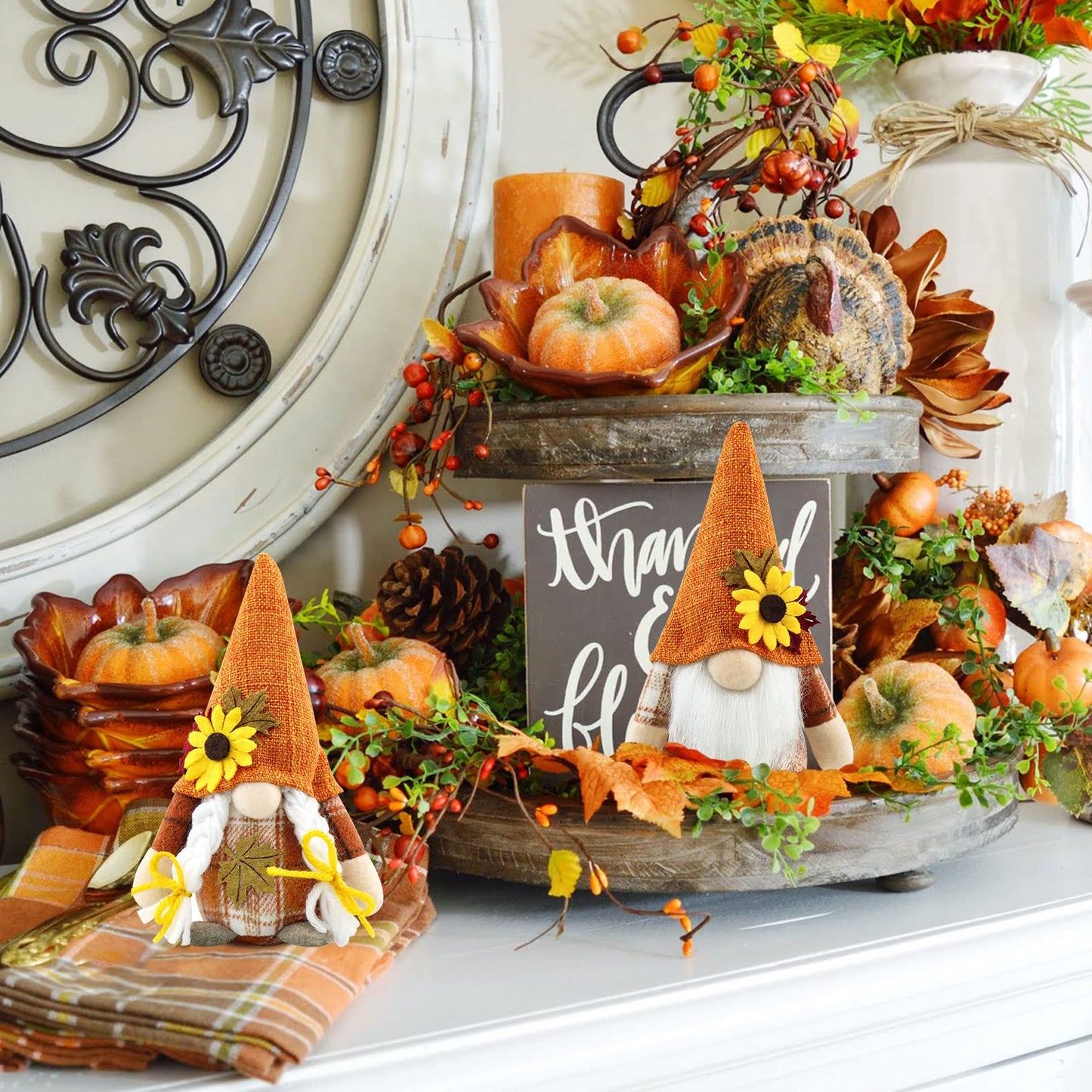 Godeufe Set of 2 Fall Gnomes Plush Autumn Decorations Harvest Handmade Elf Dwarf Figurines for Home Kitchen Farmhouse Tiered Tray Holiday Festival Party Scandinavian Tomte