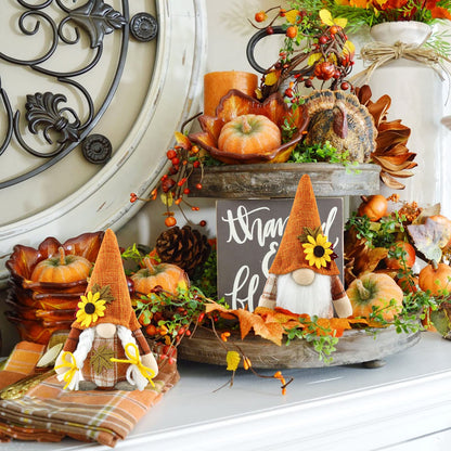 Godeufe Set of 2 Fall Gnomes Plush Autumn Decorations Harvest Handmade Elf Dwarf Figurines for Home Kitchen Farmhouse Tiered Tray Holiday Festival Party Scandinavian Tomte