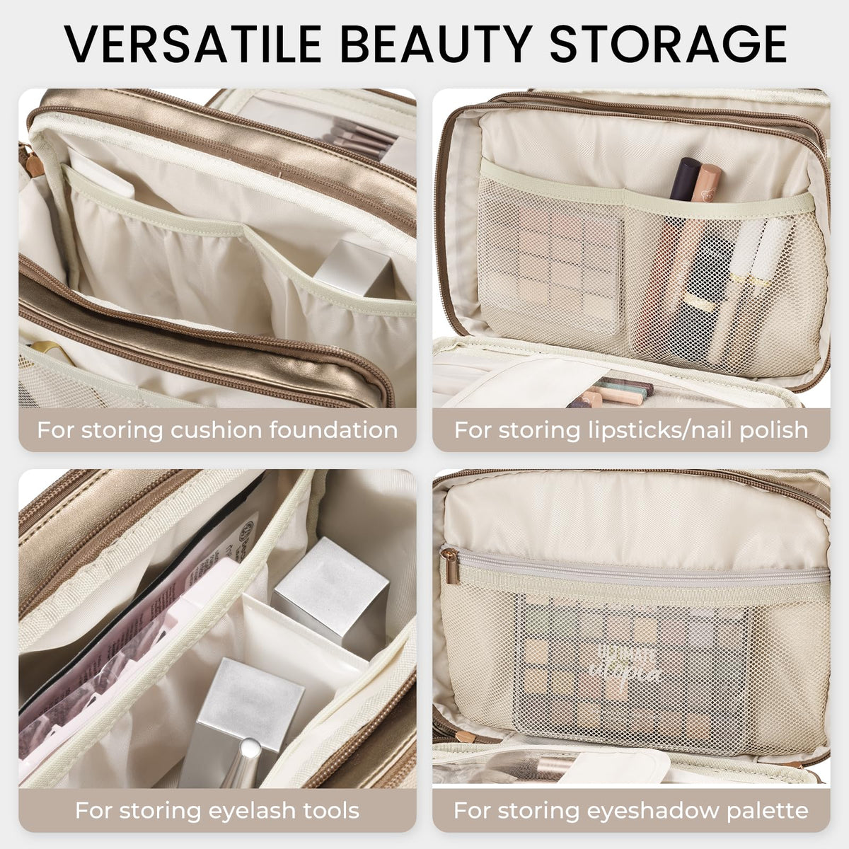 Travel Makeup Bag Women's Large Capacity Cosmetic Portable Organizer Large Opening Waterproof Storage Toiletry Bags Vertical Free-Standing Brush Holder for Easy Access Copper
