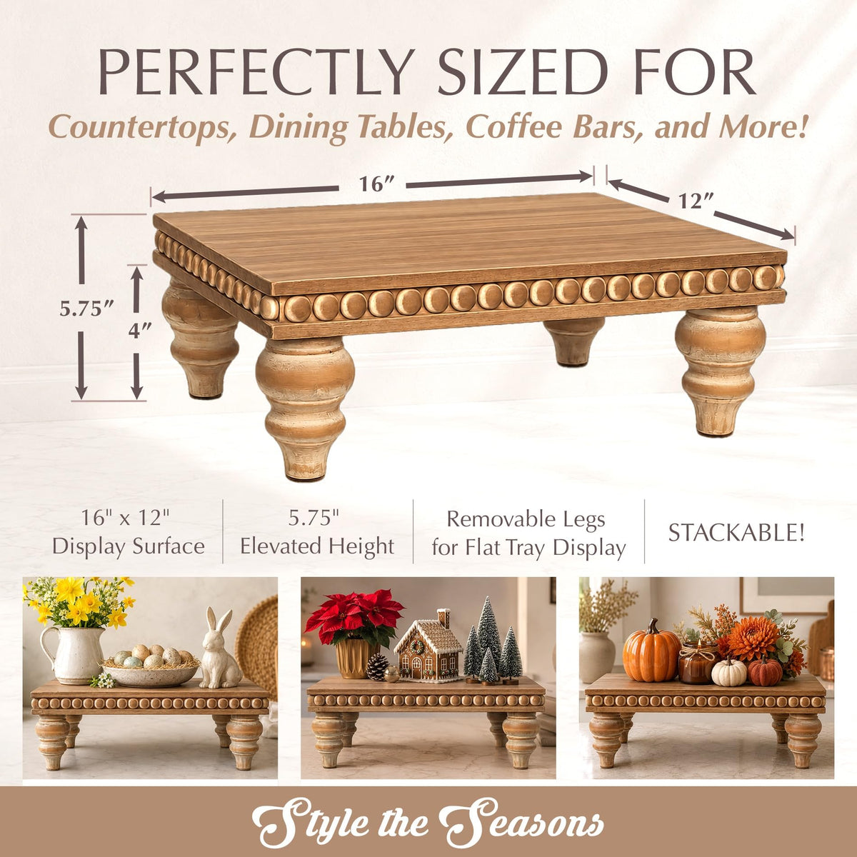 Felt Creative Home Goods Decorative Wood Risers for Decor | Tiered Tray Stand | Farmhouse Beaded Riser Stand for Decor | Wooden Pedestal Stand Large 12x16 Beaded Tray for Kitchen Coffee Bar (Brown)