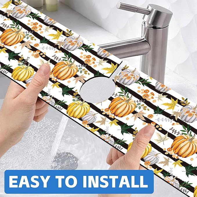 Thanksgiving Sink Faucet Absorbing Mat Autumn Pumpkin Floral Absorbent Fast