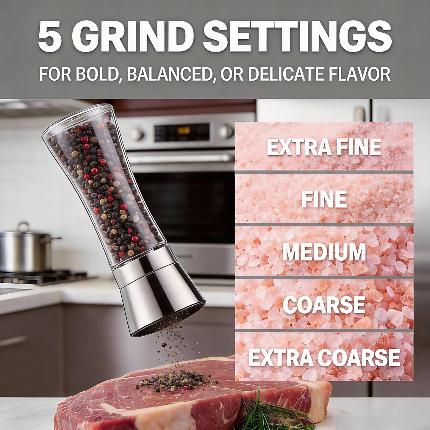 Gorgeous Salt & Pepper Grinder Set — Refillable Stainless Steel & Glass Spice Mill with Adjustable Coarseness - Perfect For Himalayan Or Sea Salts, Fresh Ground Pepper, Or Fresh Spices (2 Pack)