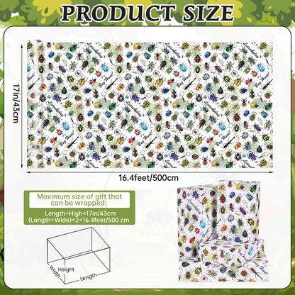 Insect Wrapping Paper Roll - 17Inch x16.4Feet - Beetle Bugs&Leaves Colorful Gift Wrap for Nature Parties,Birthdays,Celebrations