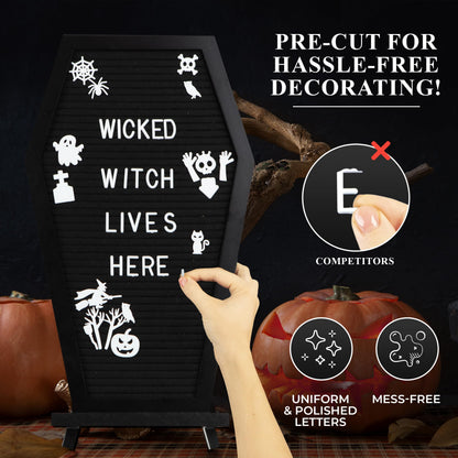 3 in 1 Coffin Letter Board with Precut, Presorted 500 Letters & Emojis + Mini Coffin Board, Gothic Halloween Decor - Spooky 17x10.5 inches Felt Letter Board - Manny's Mysterious Oddities