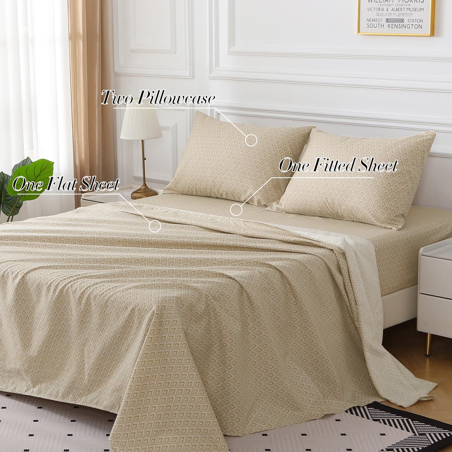 Skin-Friendly Cotton Sheet set, 4-Piece, Comfortable and Luxurious Full Size Sheet set with 18-Inch Deep Pockets, Includes One Flat Sheet, One Fitted sheet, Two Pillowcases (Checkered Khaki, Full)