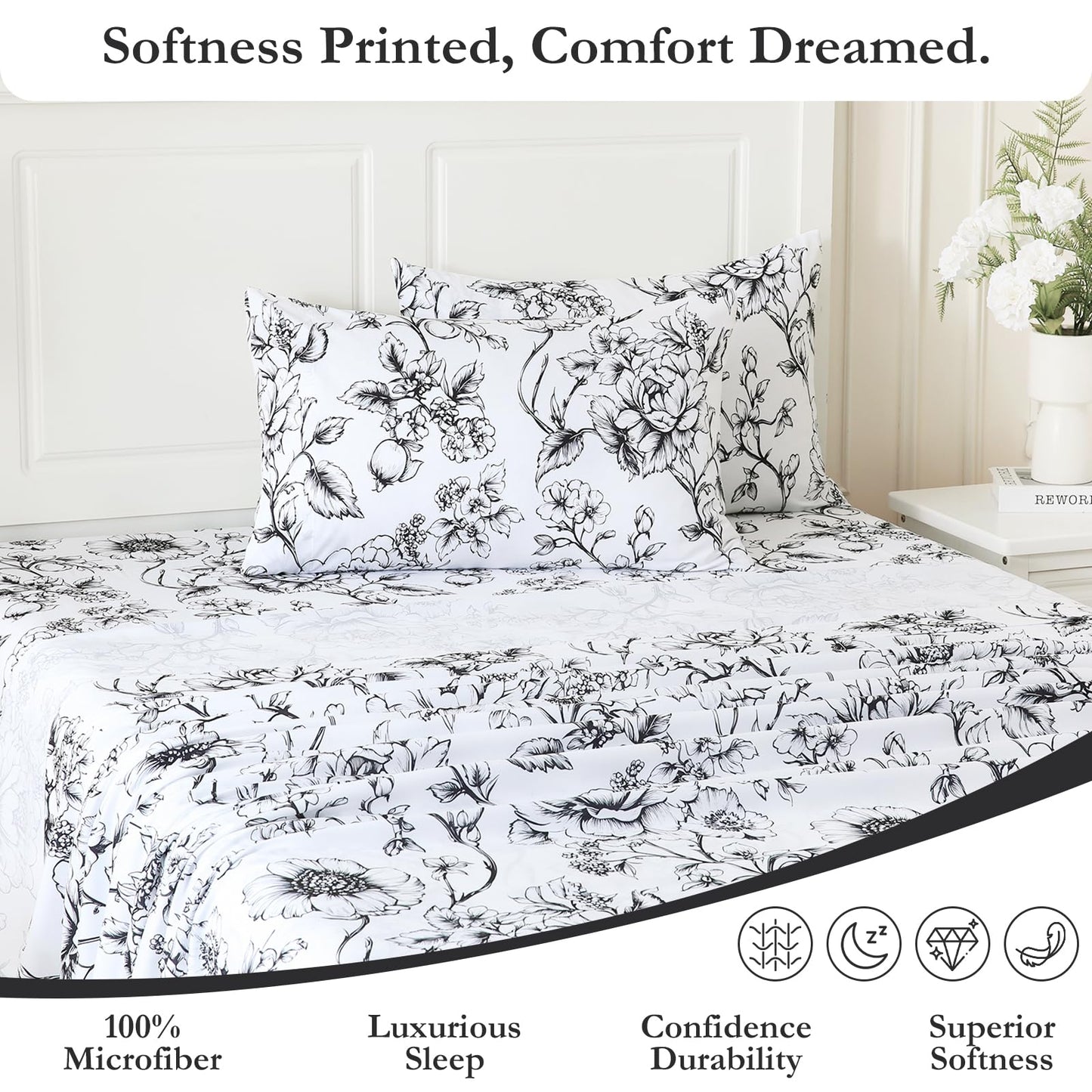 MICORAL Queen Sheet Set Boho Floral Sheets, 4-Piece Printed Botanical Bed Sheets, 16" Deep Pocket, Ultra Soft & Cooling Sheet, Oeko-TEX Certified, Black White Flower