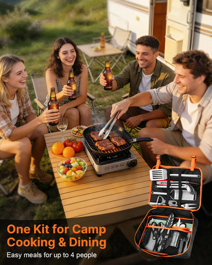 GAIALOOP Portable Camping Cooking Utensils Set 28PCS, Camp Kitchen Set with Plates and Camping Cutlery Set, RV Essentials Cooking Equipment, Outdoor BBQ Cooking Utensil Kit with Organizer Bag