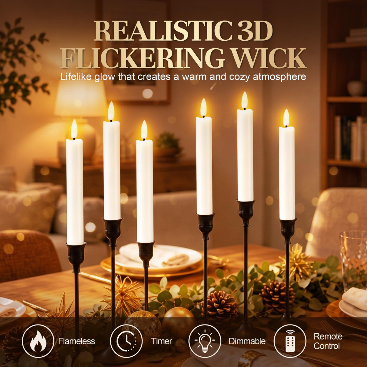 Enhon 6 Pack Flameless Taper Candles with Remote & Batteries, 6.5" Ivory LED Candle Sticks, 3D Flickering Wick, Timer & Dimmable, 624+ Hour Battery Operated Candles for Home, Wedding & Christmas Decor