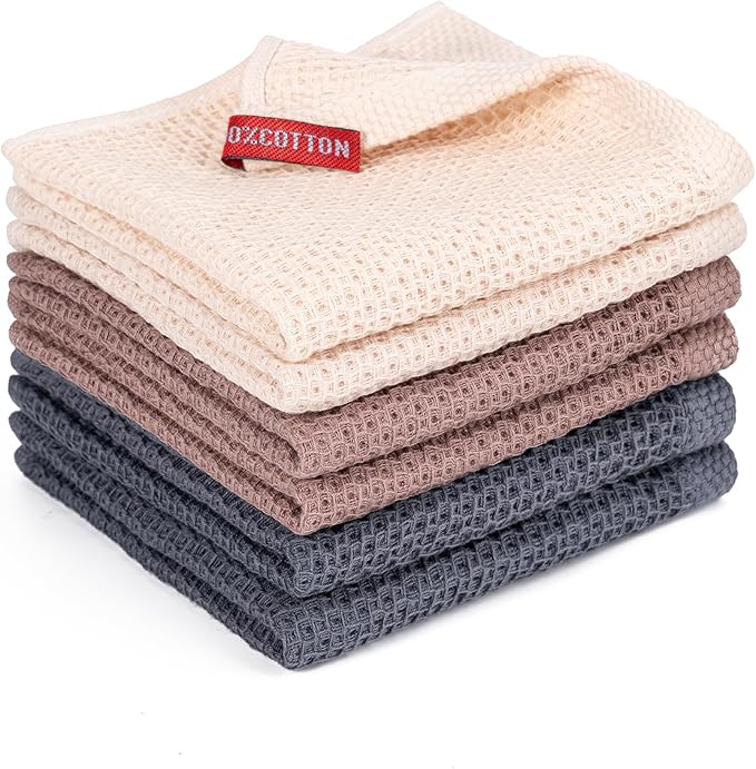 BOOMIBOO 6-Pack Kitchen Dish Cloths, 100% Cotton Waffle Weave, Ultra Soft