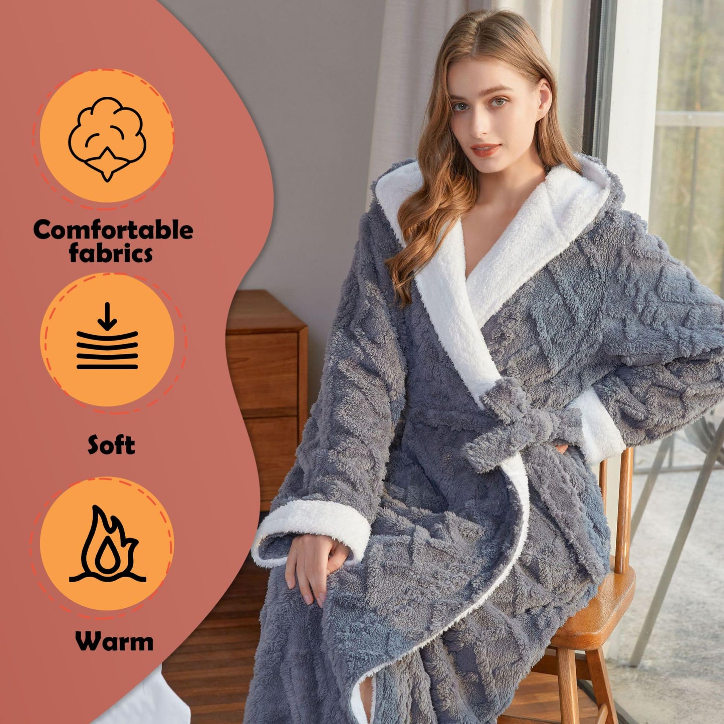 Oksun Womens Long Dressing Gown Robe Full Length Ladies Fluffy Plus Size Fleece Hooded Winter Warm Bathrobe (Grey,XL)
