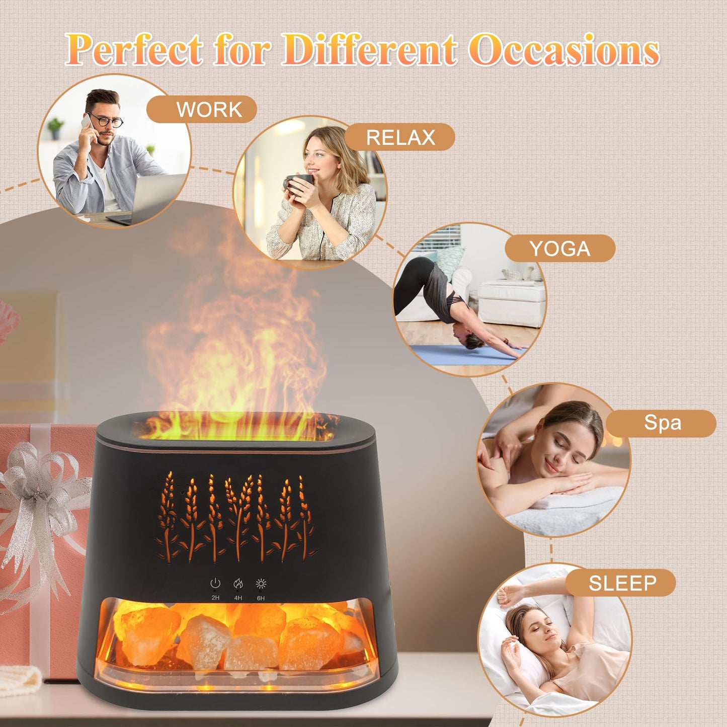 Fireplace Flame Diffuser & Himalayan Salt Lamp, 8 Colors Aromatherapy Diffuser Cool Mist Humidifier with Timer Auto Off Function for Home, Bedroom, Offie,Yoga