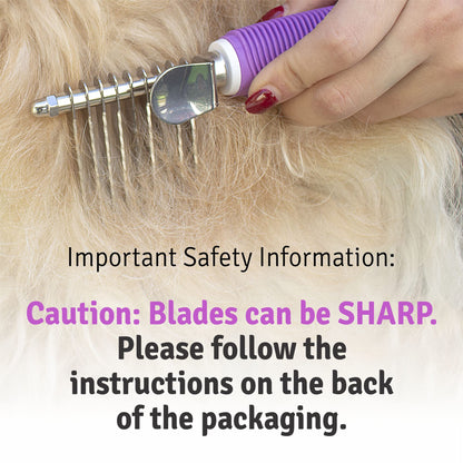 Poodle Pet Dematting Fur Rake Comb Brush Tool with Long 2.5” Steel Safety Blades for Detangling Matted or Knotted Undercoat Hair, Safe Grooming Accessories for Dogs, Longhaired Cats, Rabbits, Horses