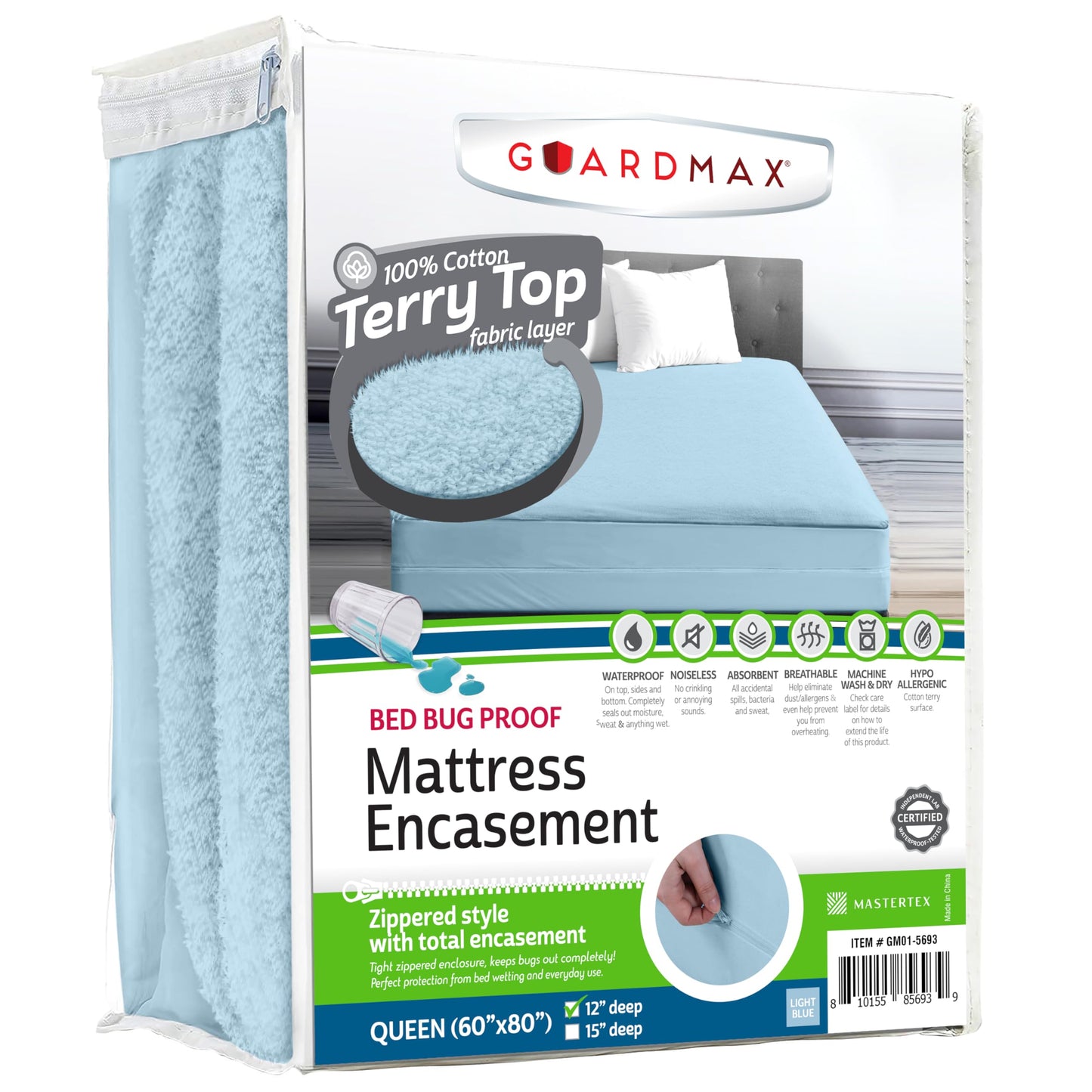 Guardmax Queen Mattress Encasement Zippered, 100% Waterproof Mattress Protector, Soft & Absorbent Cotton Terry Top Mattress Cover for Kids, Adults, & Pets, Bed Bug & Dust Mite Proof Cover (Light Blue)