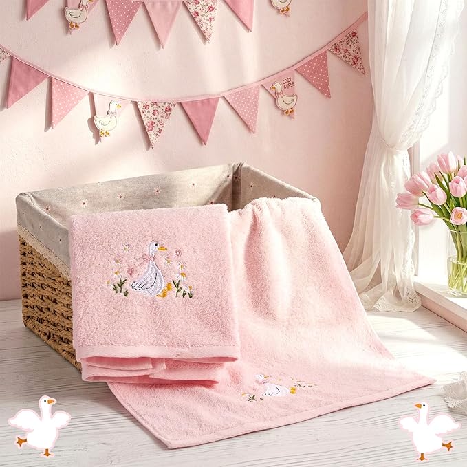 2 Pcs Silly Goose Hand Towels Blush Pink Bathroom Decor 14x29 Inch Embroidered