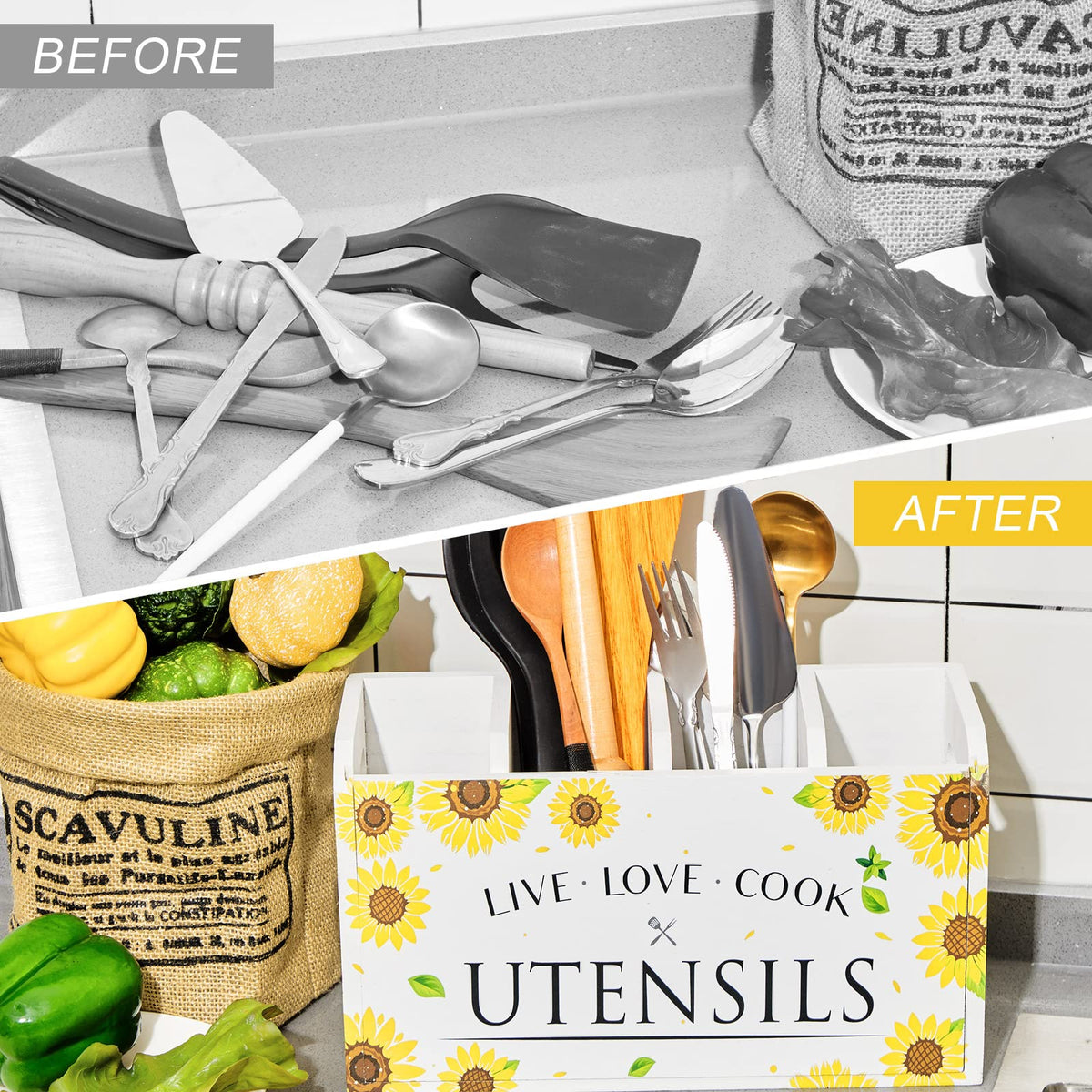 Kathfly Sunflower Kitchen Utensil Holder for Counter Cooking Utensil Organizer 4 Compartment Large Wooden Rustic Farmhouse Kitchen Tools Storage for Home Countertop