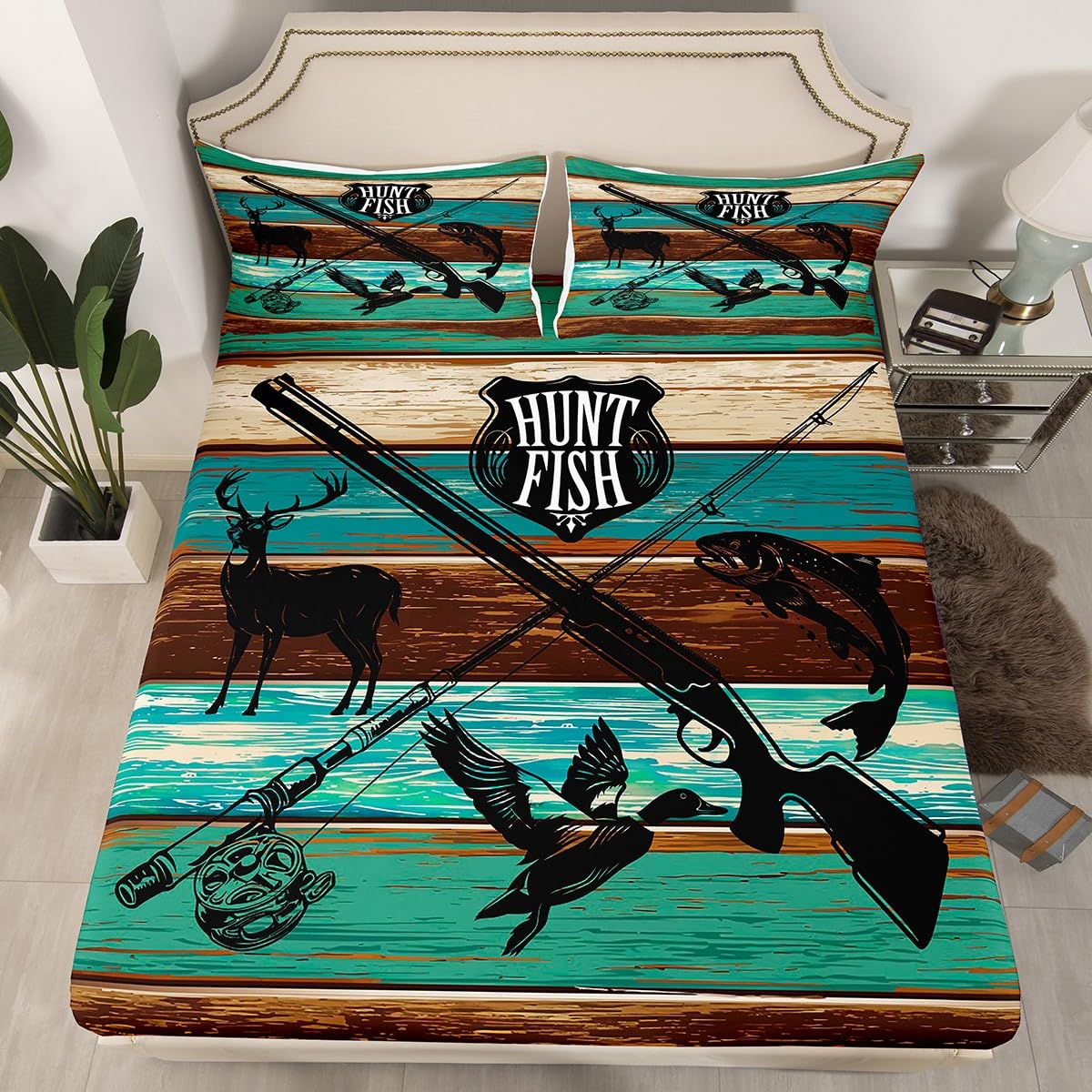 Kids Wild Animal Hunting Fitted Sheet Set Full Size 4pcs,Hunt Fish Themed Retro Bedding Sets(1 Fitted, 1 Flat, 2 Pillowcases) Farmhouse Rustic Wooden Board Luxury Deep Pocket Bed Sheets, Modern