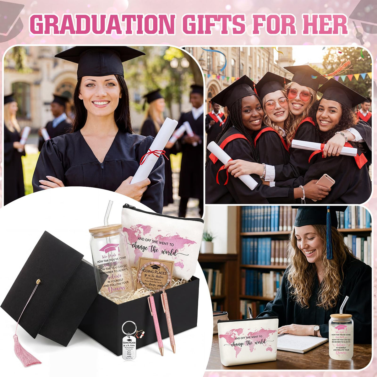 Vesici 8 Pcs Class of 2026 Graduation Gift Box Set for Women Her Grad Cap Box Glass Cup Makeup Bag Bracelet Pen Keychain College High School Graduation Gift for Daughter Sister Friend(Pink)