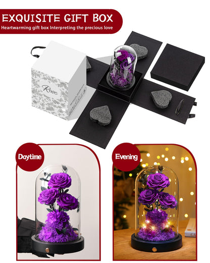 Valentines Day Flowers Roses Gifts for Her,Forever Real Preserved Roses in Glass Dome,Valentines Day Anniversary Birthday Gifts for Wife Girlfriend Women Mom Best Friend Her/Purple Rose
