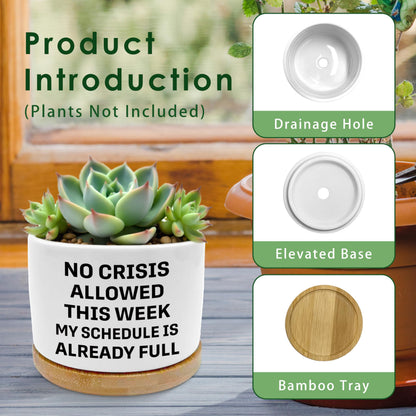 ROXMART Funny Office Gifts Plant Pots, Sarcastic Gifts for Women Men Coworker Boss Succulent Planters, No Crisis Allowed This Week Ceramic Plant Flower Pots for Home Office Desk Table Shelf(No Plants)