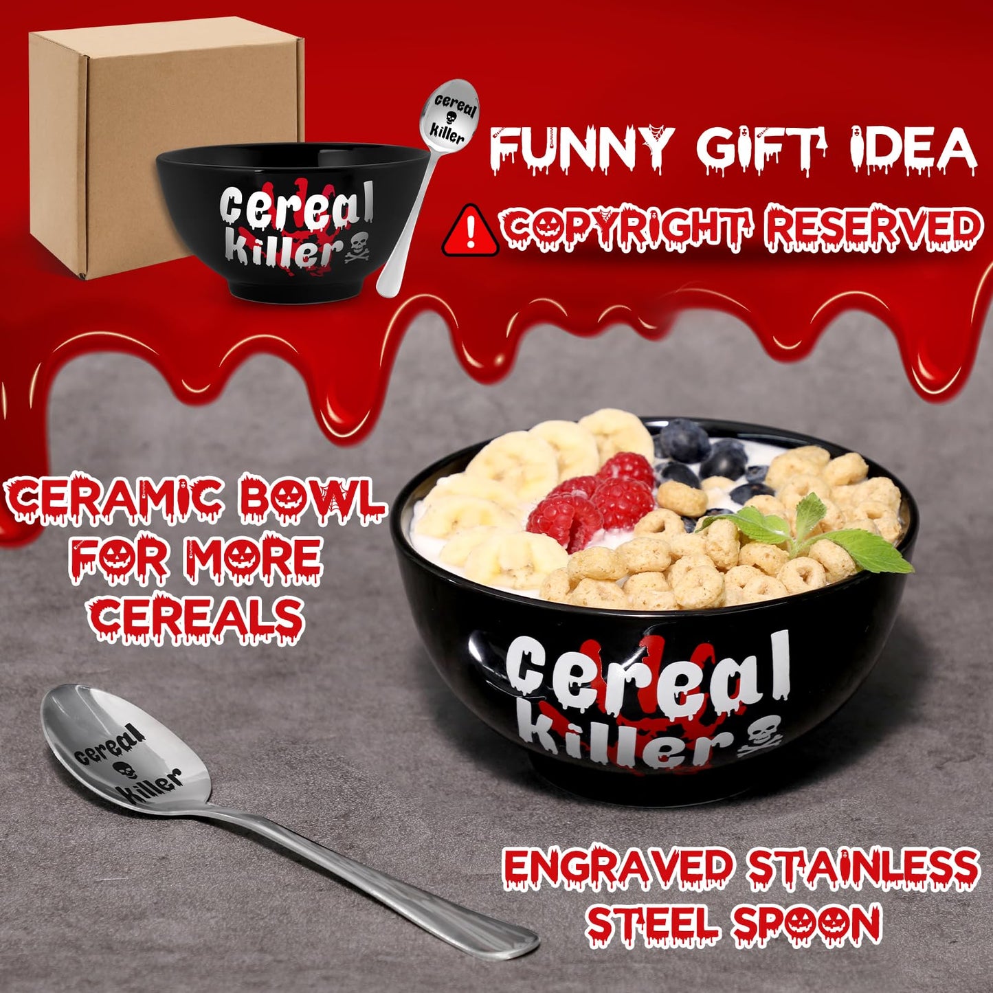 Nefelibata Black Cereal Killer Bowl and Spoon Set Halloween Man‘s Birthday Christmas Retirement Engraved Funny Gift for Him Papa's Grandfather's Uncle's Friend's Present Set of 2