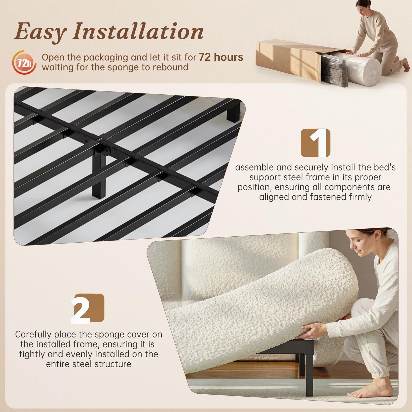 Homkdom Cloud Bed Frame with 5" Thick Headboard Protection, Upholstered Soft Queen Bed Frame for Active Families, Bed Frame Queen Size for Minimalist & Modern Bedroom, No Box Spring Needed, White