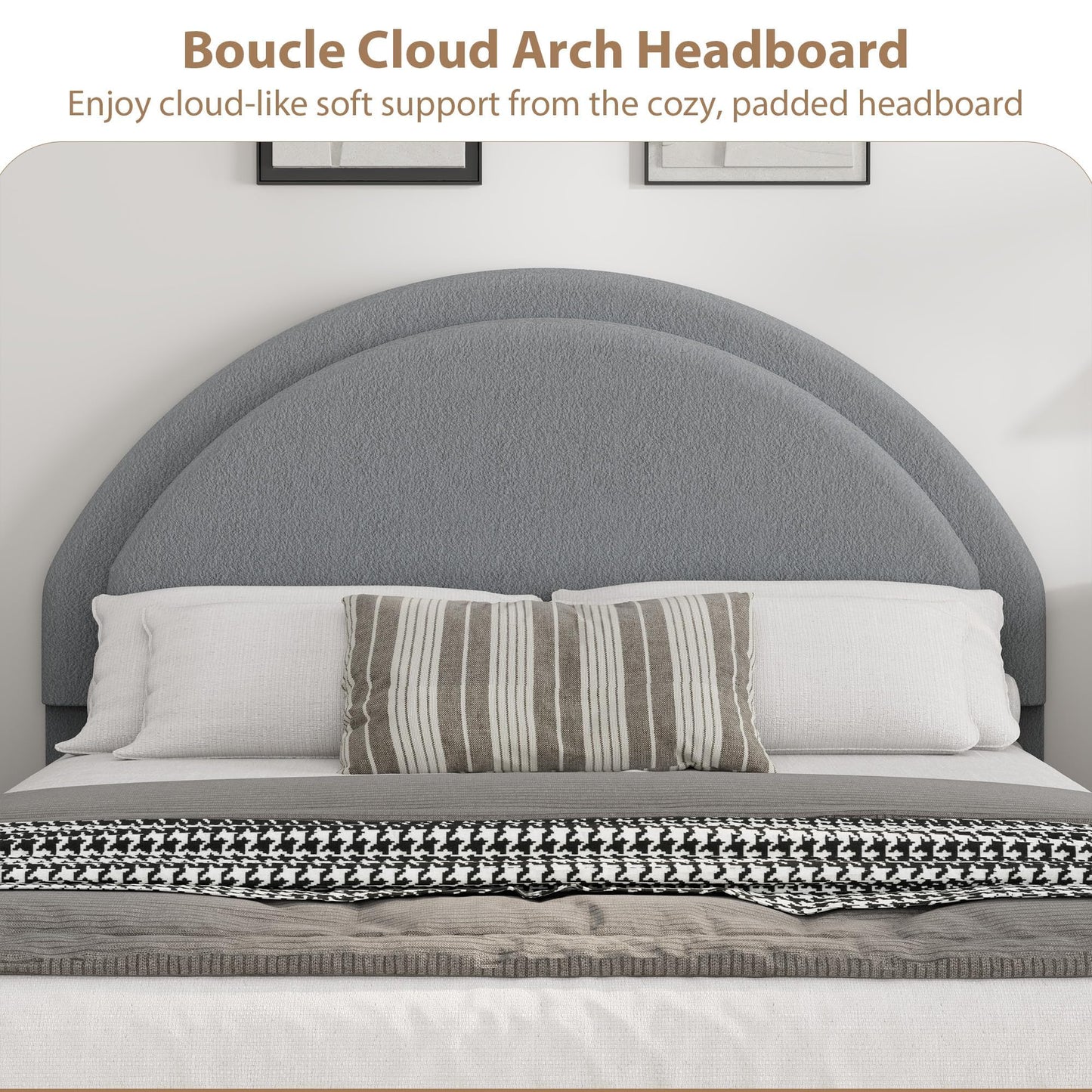 Garvee Queen Size Bed Frame with Storage Drawers, Upholstered Boucle Platform Bed with Round Headboard, Heavy Duty & Noise Free, No Box Spring Needed, Grey