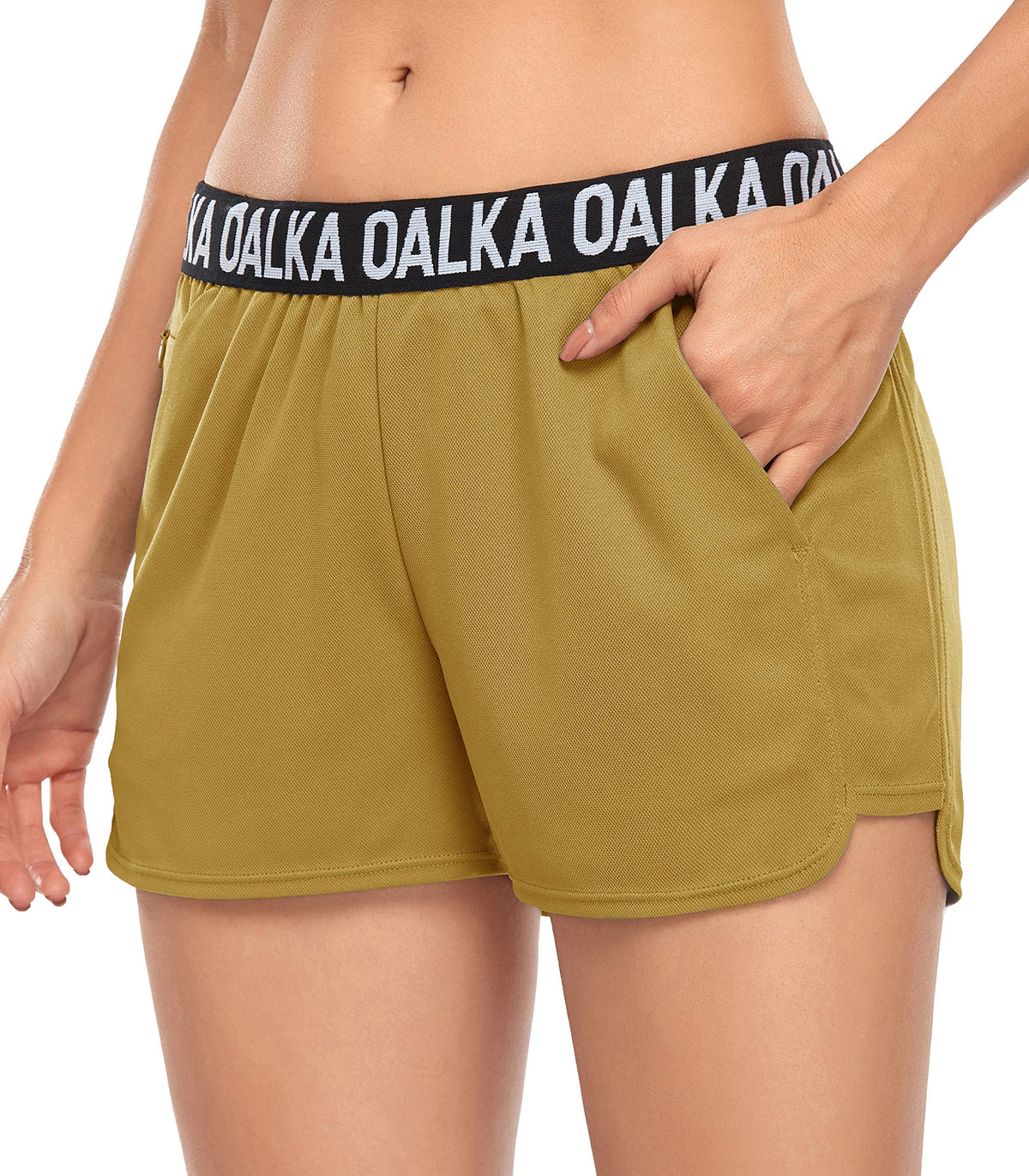 Oalka Women's Running Shorts Out Side Pockets Sports Athletic Workout Fittness Lightweight Gym Shorts Mustard L