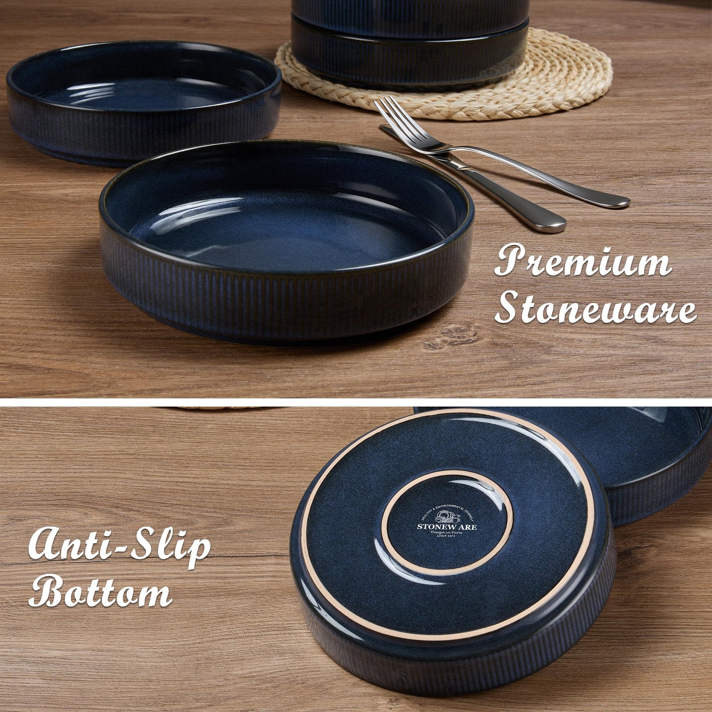 E-far Pasta Bowls Set of 4, 35oz Large Salad Bowl Plate for Dinner Serving, Wide & Shallow Ceramic Stoneware Pasta Plates, Microwave & Dishwasher Safe, Reactive Glaze Textured Stripes, Dark Blue