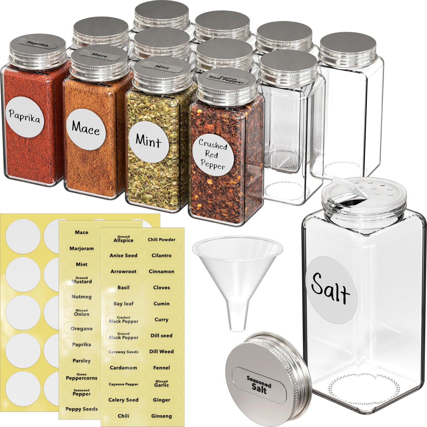Simple Houseware Spice Jars 6 Ounce Square Glass Bottles with Shaker Lids, Funnel and Labels for Seasoning & Storage, 24 Pack