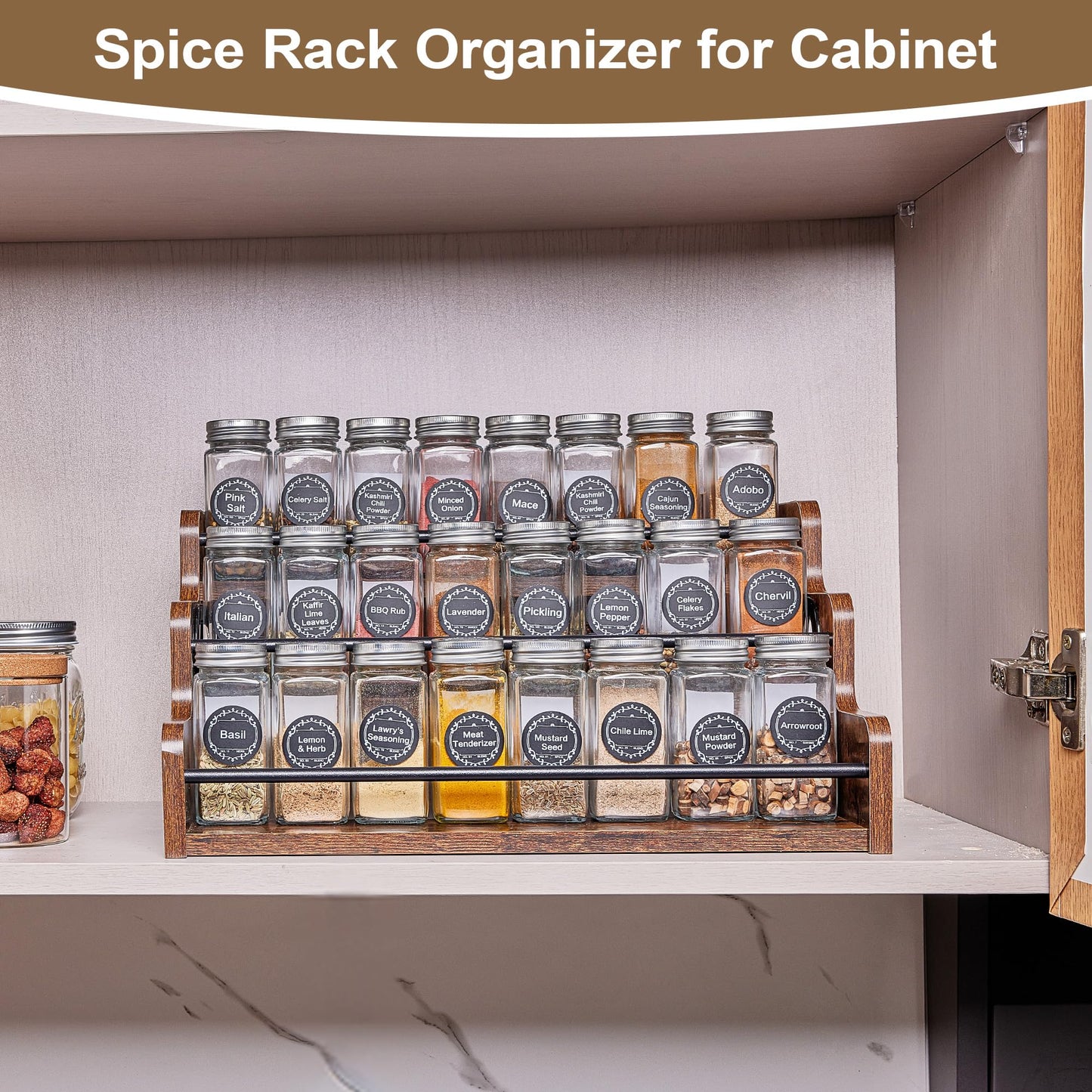 Aminigram Wood Spice Rack Organizer for Cabinet, 3 Tier Spice Shelf Storage, Kitchen Seasoning Organizer for Spice Bottles, Jars, Seasonings, Baking Supplies