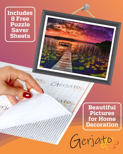 Puzzles for Adults 1000 Pieces – Ideal Gift for Loved Ones, Gift-Ready Box, Letters on Back, 8 Jigsaw Puzzle Saver Sheets & Full-Size Poster – Scenic Landscape Sunset with Dock & Lilies by GERJATO