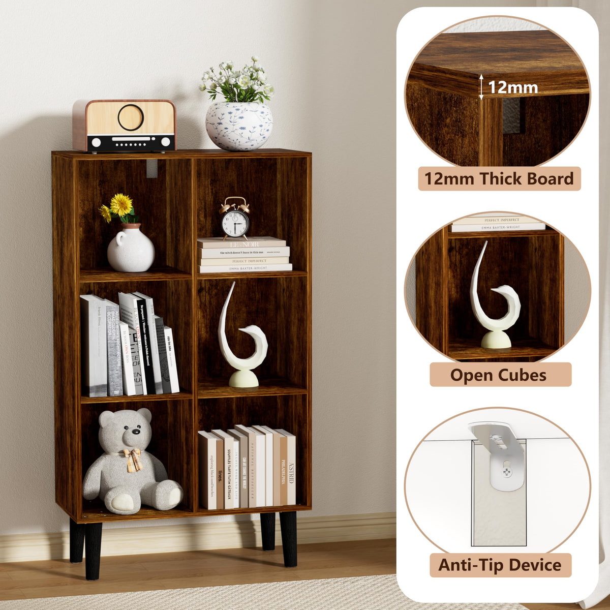 Nestwise 6 Cube Bookcase, Wooden Book Shelf Cube Storage Organizer with Legs, 3 Tier Bookshelf Freestanding Open Shelves for Bedroom, Living Room and Home Office (Brown, 6 Cube Vertical)