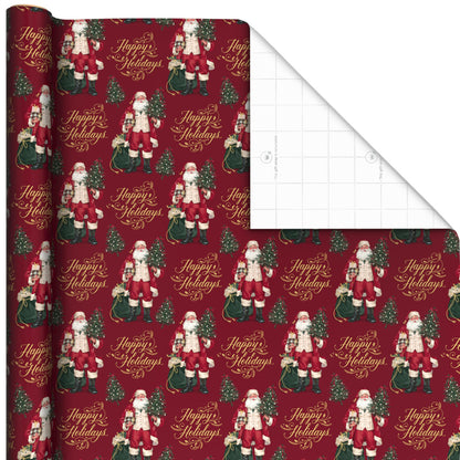 Hallmark Elegant Christmas Wrapping Paper Rolls (3 Rolls: 120 Sq. Ft. Total) Red Joy on White, Santa Claus and Happy Holidays on Red, Painted Poinsettia on Hunter Green